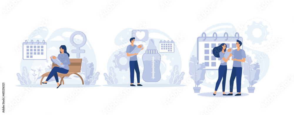 Gender equality issues in child upbringing. Maternity leave, paternity leave, parental leave, set flat vector modern illustration Gender equality issues in child upbringing. Maternity leave, paternity leave, parental leave, set flat vector modern illustration