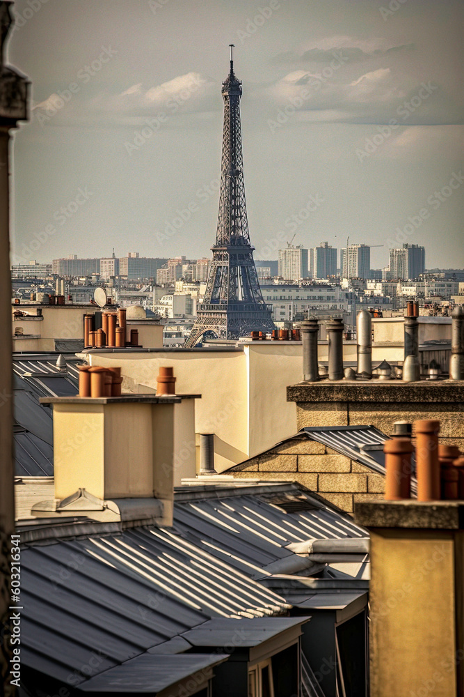 The Eiffel Tower over the chimneys and the roofs of Paris - generative AI The Eiffel Tower over the chimneys and the roofs of Paris - generative AI