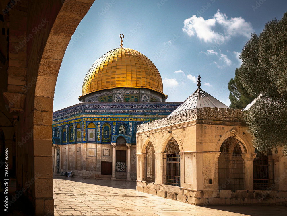 Intense Midday Light Reflecting off Golden Domes of Al-Aqsa Mosque, Painting - generative AI
