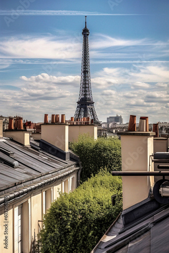 The Eiffel Tower over the chimneys and the roofs of Paris - generative AI