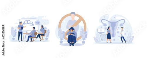 Sexual behavior concept, Sexual harassment and sexually transmitted diseases, sex education, set flat vector modern illustration