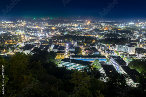 Panoramic aerial view of phuket town at nights illuminated with the night lights Phuket thailand 