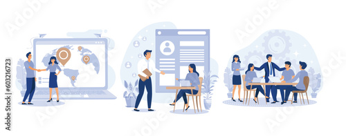 Employment stages concept,  Expat work, job interview, teamwork, Recruitment service searching candidates, set flat vector modern illustration 