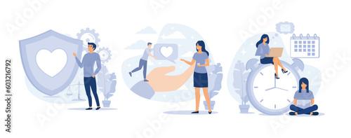 Personal and professional skills, Honesty, responsibility, time management, employee coaching. set flat vector modern illustration 