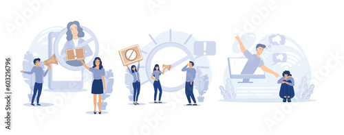 Social media behavior.  Cancel culture, public backlash, Internet criticism. set flat vector modern illustration