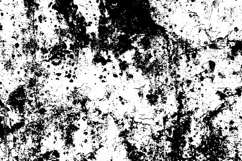 A monochrome weathered wall with a unique abstract pattern created by black and white paint splatters, providing an interesting textured background.