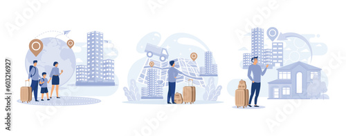 International and interurban human migration. Settling place flat vector modern  illustration 