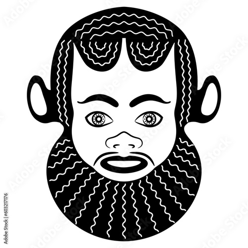 Face of ancient Greek satyr. Ethnic vase painting style. Mask of a smiling bearded man with animal ears. Black and white silhouette.
