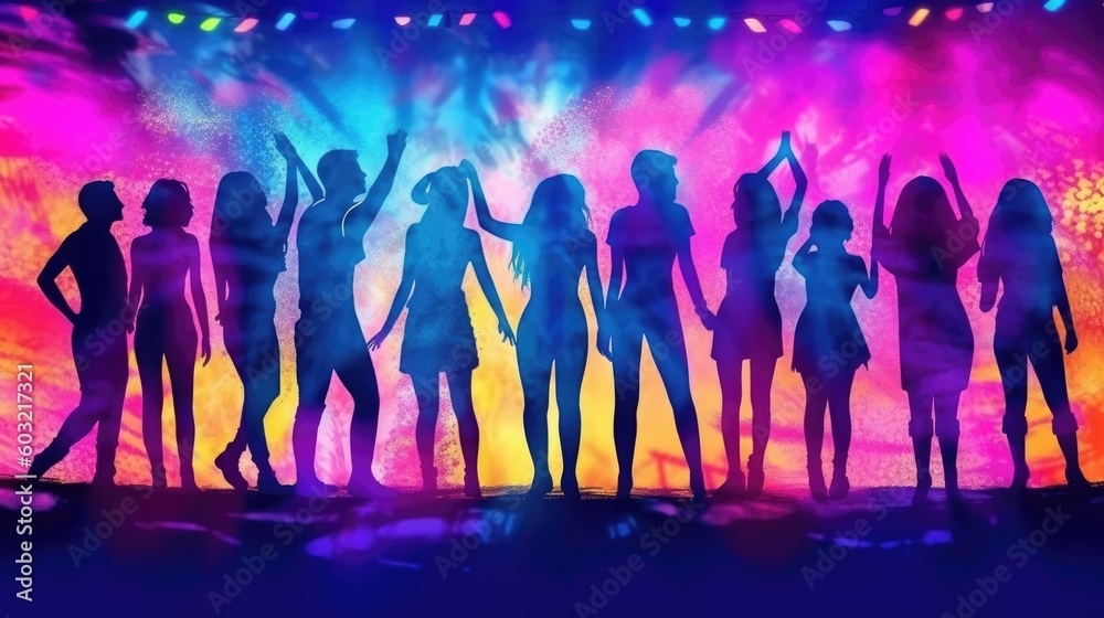AI-generated image of concertgoers with neon lighting creating a silhouette effect. (Generative AI) AI-generated image of concertgoers with neon lighting creating a silhouette effect. (Generative AI)