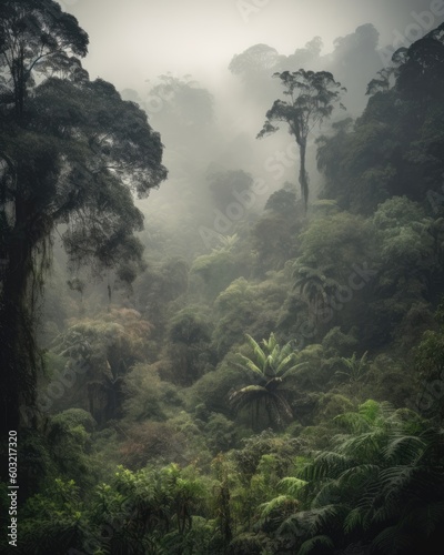 The theme is conservation  climate change and renewable energy  shown in a rainforest with trees and fog.  Generative AI 