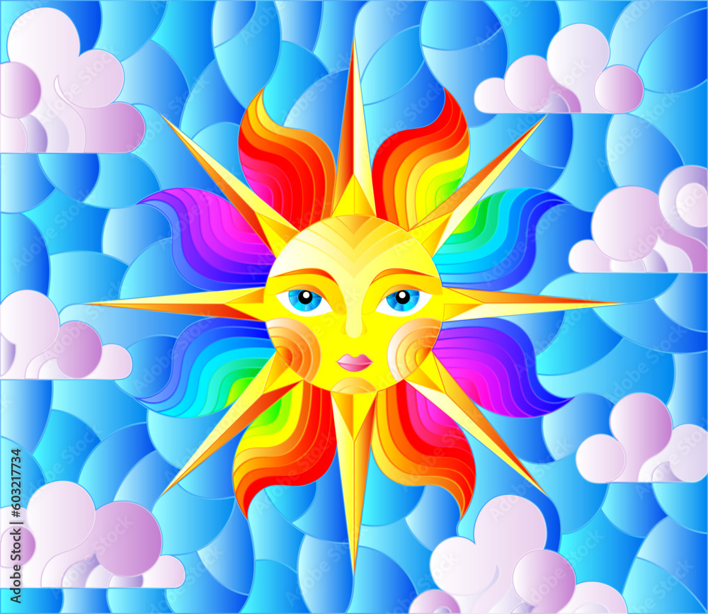 Illustration in stained glass style with fabulous sun with the face on the background of sky and clouds, oval image