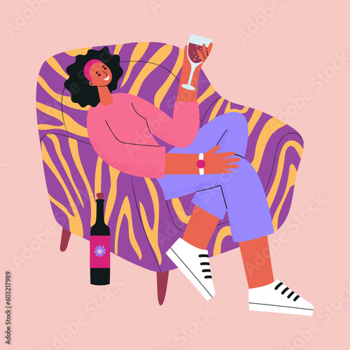 Joyful young woman sits in a chair with a glass and wine. Rest at home.
Trendy vector illustration.