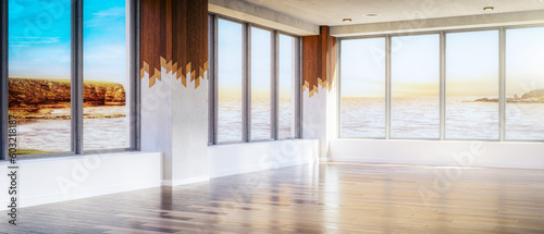 Leere Immobilie mit dekorativen Holzelementen und Böden - panoramische 3D Visualsierung