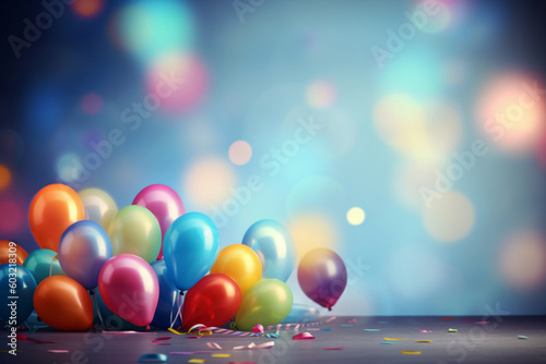 A bunch of colorful balloons on a table with a blue background