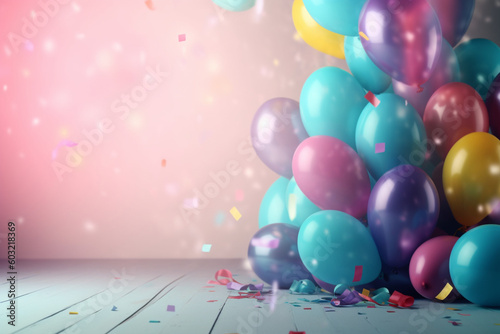 A bunch of balloons are falling into a room with a pink background