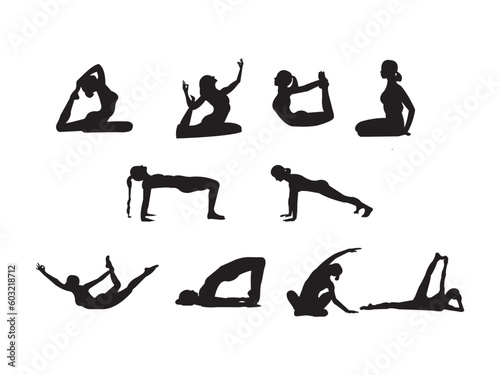 big set of people practicing Yoga Poses Woman Silhouette Set Isolated .Yoga Poses on White, Woman Asana Position Exercise vector and illustration