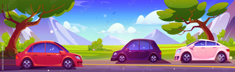 Highway with cars against mountain landscape. Vector cartoon illustration of autos riding asphalt road at bottom of high rocks, green valley with trees, birds flying in blue sunny sky, vacation travel