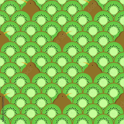Seamless pattern with half cut kiwi fruit and kiwi birds. Vector illustration of cut or sliced kiwi fruit and kiwi bird in flat cartoon style.