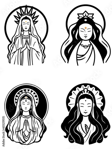 Vector icon set of Guanyin bodhisattva Asian deity