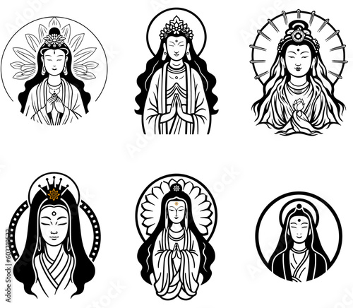 Vector icon set of Guanyin bodhisattva Asian deity