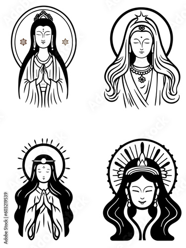 Vector icon set of Guanyin bodhisattva Asian deity