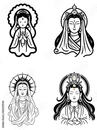 Vector icon set of Guanyin bodhisattva Asian deity