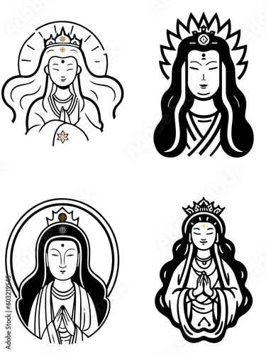 Vector icon set of Guanyin bodhisattva Asian deity