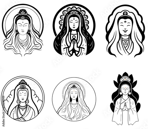 Vector icon set of Guanyin bodhisattva Asian deity