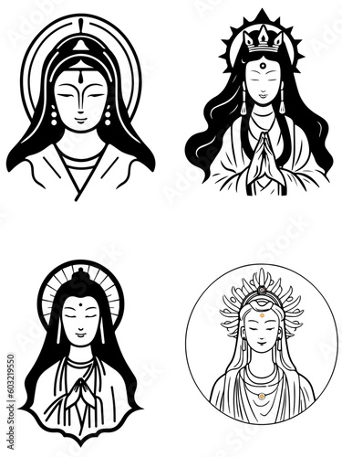 Vector icon set of Guanyin bodhisattva Asian deity