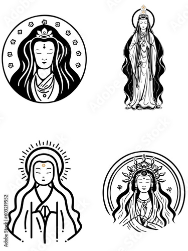 Vector icon set of Guanyin bodhisattva Asian deity