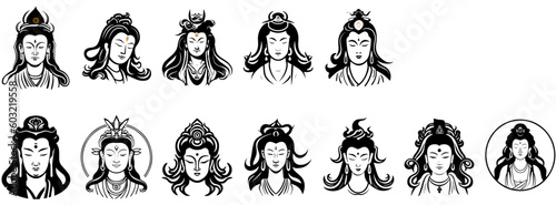 Vector icon set of Guanyin bodhisattva Asian deity