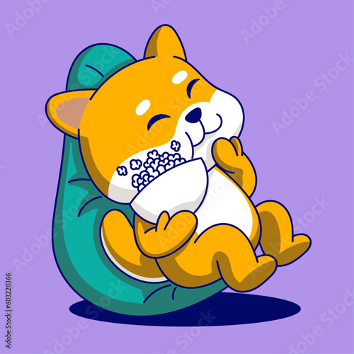 Cute Cartoon Shiba Inu dog sleeping on a pillow. Vector illustration.