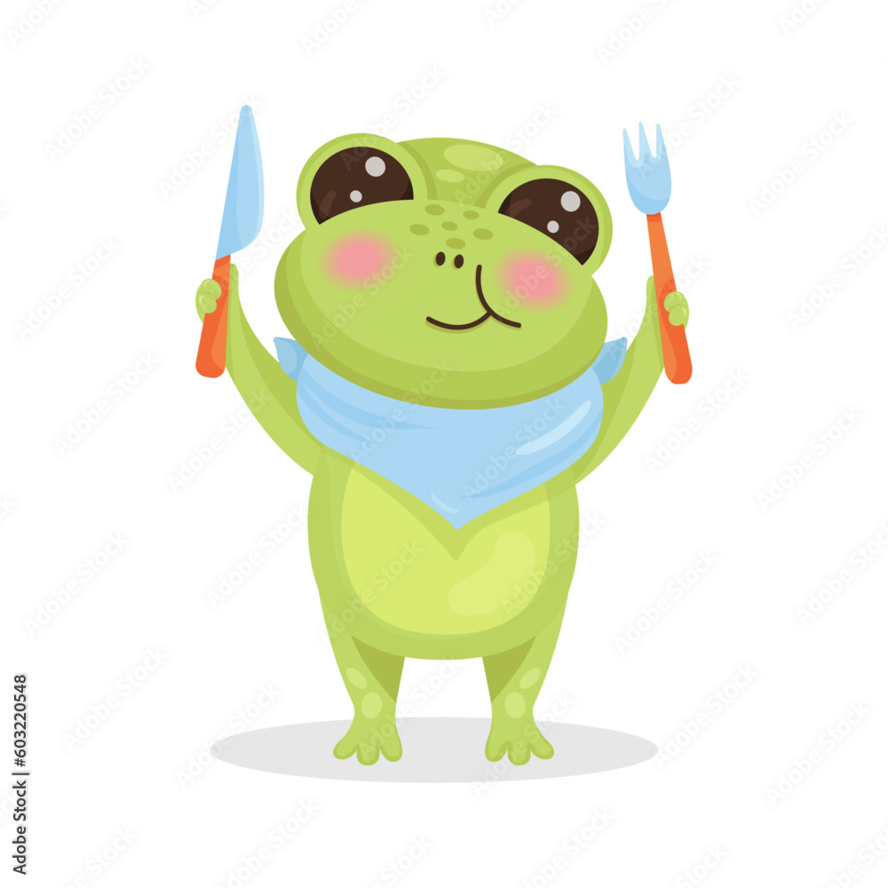 Hungry cartoon frog character chewing food with knife and fork in hand.Blue napkin around the neck. Vector isolated illustration.Mascot, for website, design, social media, printshop, prints Hungry cartoon frog character chewing food with knife and fork in hand.Blue napkin around the neck. Vector isolated illustration.Mascot, for website, design, social media, printshop, prints