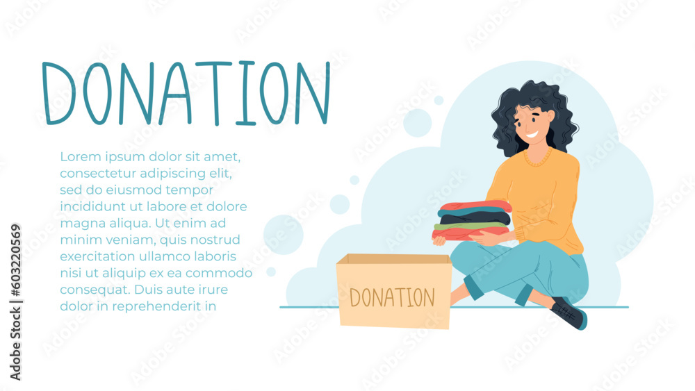 Donation of clothes and things concept. Vector banner or web page template. Flat young woman sitting on the floor and holding a stack of clothes, a cardboard box with charity. Donation of clothes and things concept. Vector banner or web page template. Flat young woman sitting on the floor and holding a stack of clothes, a cardboard box with charity.