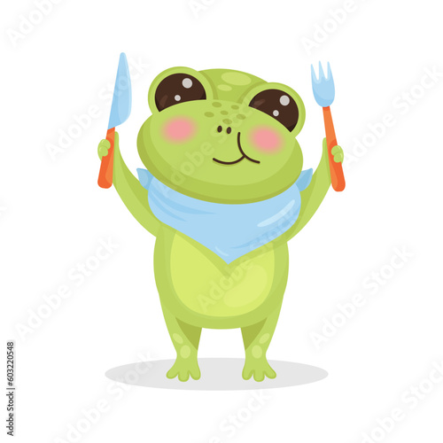 Hungry cartoon frog character chewing food with knife and fork in hand.Blue napkin around the neck. Vector isolated illustration.Mascot  for website  design  social media  printshop  prints