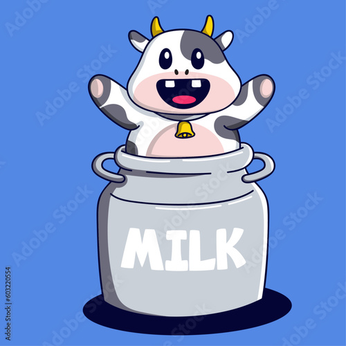 Cute Cartoon of Cow Mascot Character With Milk Pot Vector Illustration