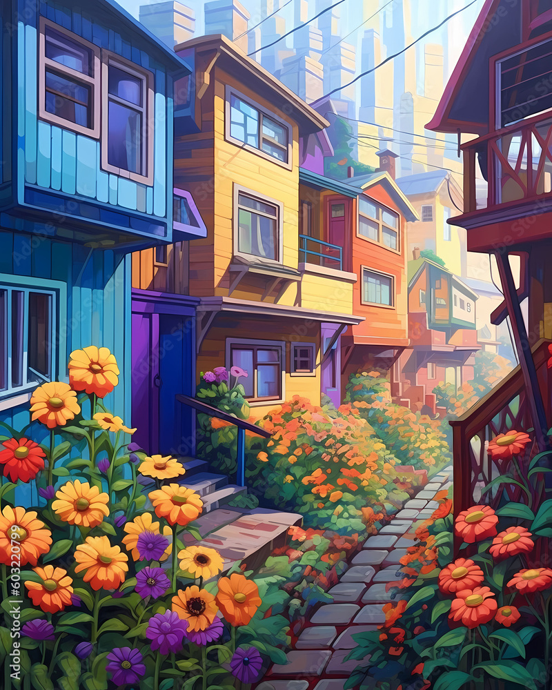 A painting of a colorful building with a sunflower generated ai