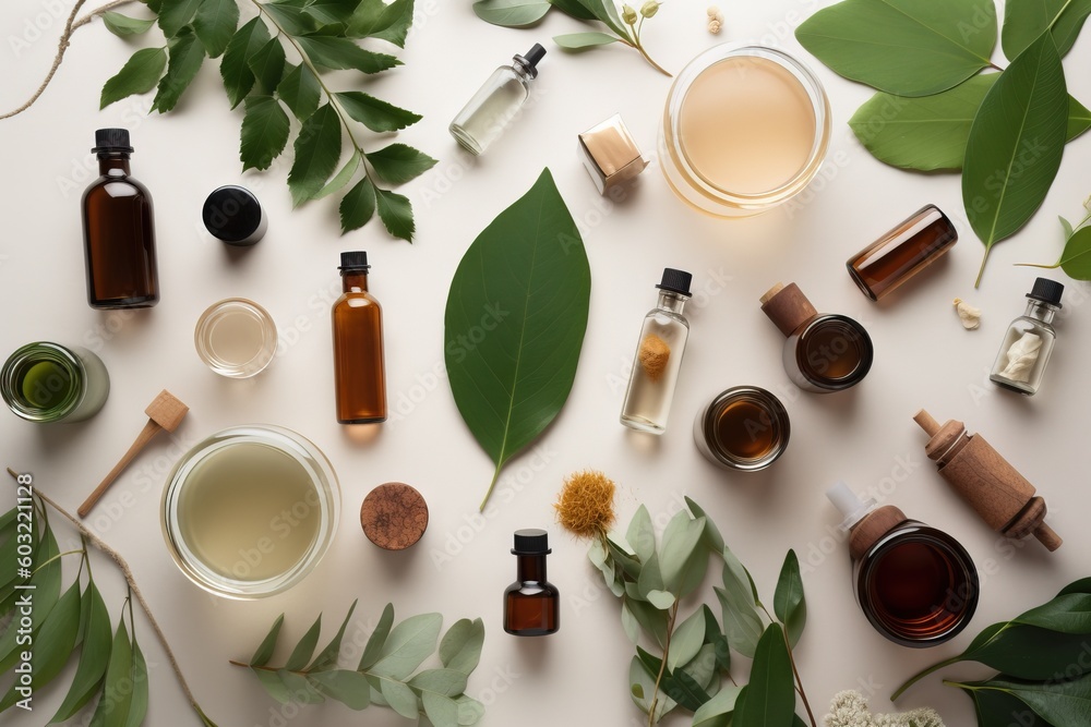 a table topped with lots of bottles of different types of cosmetics and leaves on top of it, next to a cup of tea and a spoon. generative ai a table topped with lots of bottles of different types of cosmetics and leaves on top of it, next to a cup of tea and a spoon. generative ai