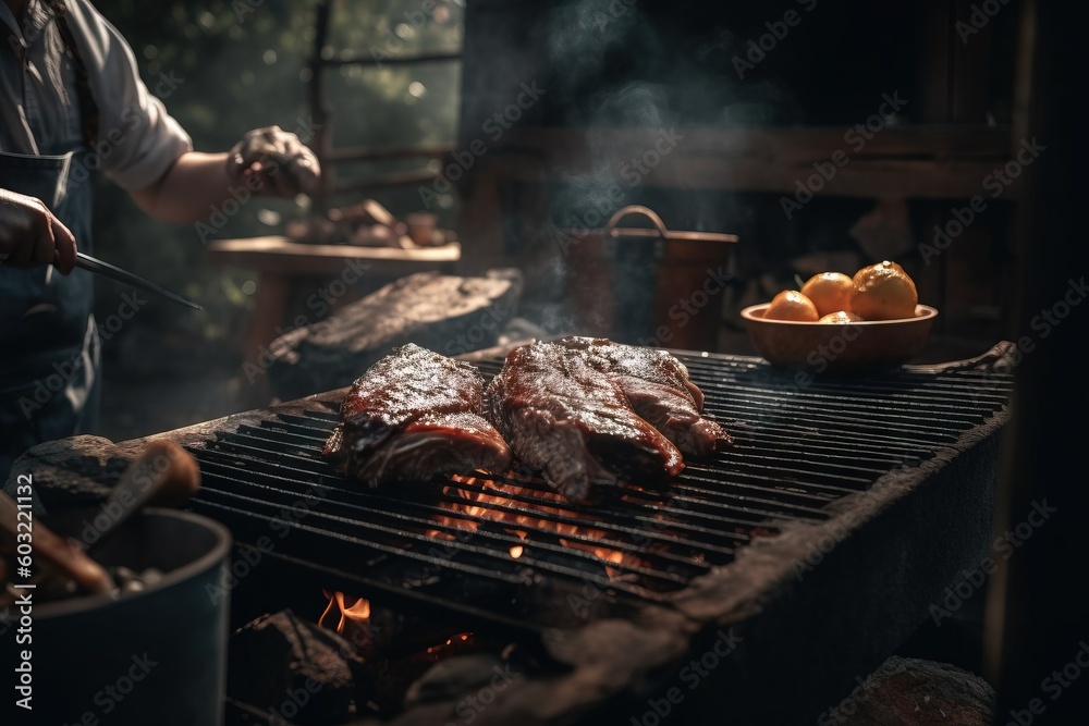 a man grilling steaks on a grill with a bowl of fruit and a pot of oranges on the side of the grill. generative ai a man grilling steaks on a grill with a bowl of fruit and a pot of oranges on the side of the grill. generative ai