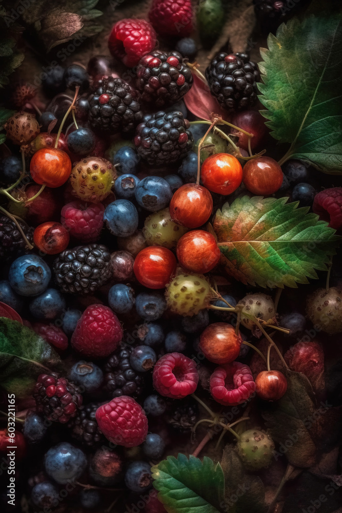 a bunch of berries and raspberries on the ground with leaves and berries on the ground and on the ground are berries and leaves. generative ai a bunch of berries and raspberries on the ground with leaves and berries on the ground and on the ground are berries and leaves. generative ai