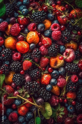  a bunch of berries  raspberries  peaches  blueberries  raspberries  strawberries  and other berries are all grouped together.  generative ai