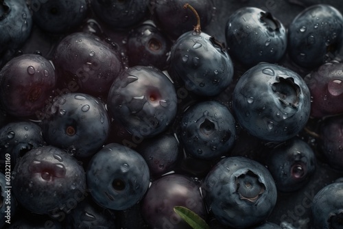  a close up of a bunch of blueberries with water droplets on them and a green leaf in the middle of the photo, with a dark background. generative ai