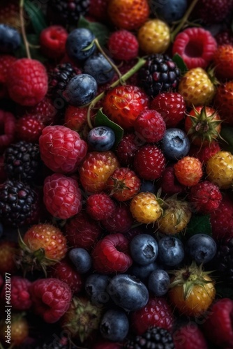  a bunch of berries and raspberries are piled up in a pile on a table top with leaves and berries on the top of the pile.  generative ai