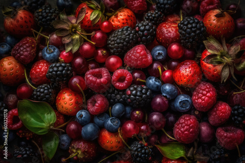  a pile of berries and raspberries with leaves on top of them and a blueberry and raspberry on the bottom of the berries.  generative ai