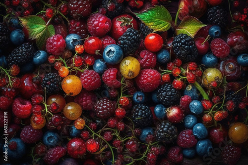  berries, raspberries, blueberries, raspberries, raspberries, and other berries are arranged together in a pattern.  generative ai