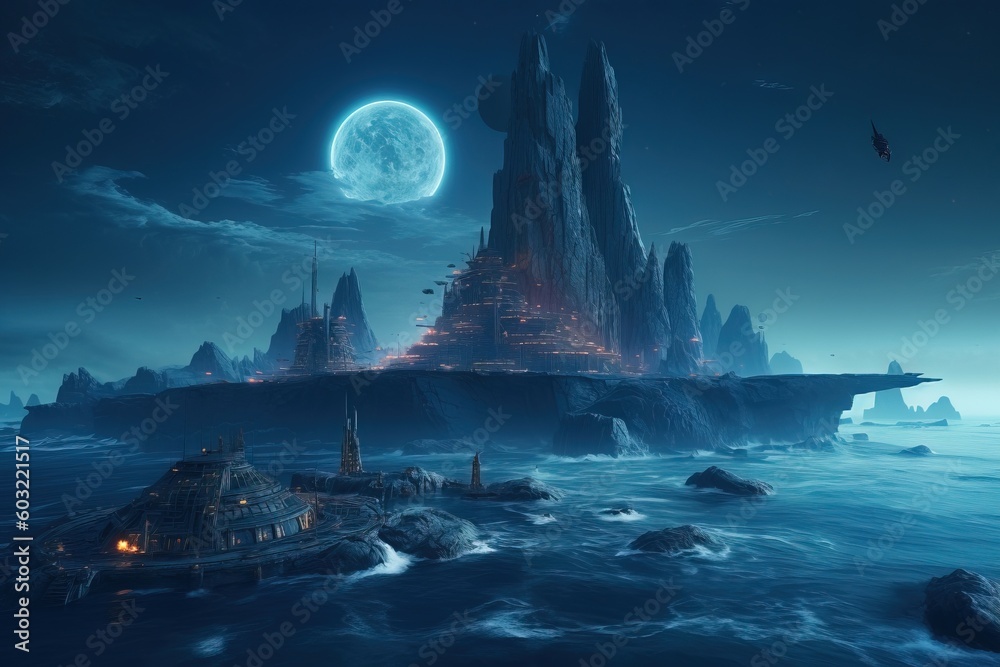  a futuristic city in the middle of a body of water with a moon in the sky above it and a boat in the water below.  generative ai