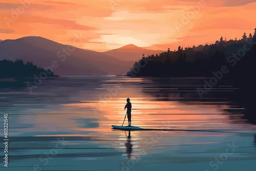  a person standing on a paddle board in the water at sunset with a mountain range in the background and a lake in the foreground. generative ai