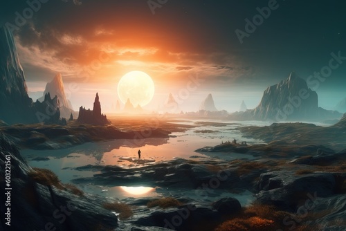  a painting of a man standing on a rocky shore in front of a giant sun setting over a body of water with mountains in the background. generative ai