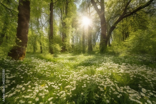  the sun shines through the trees in the forest with white flowers in the foreground and green grass on the ground in the foreground.  generative ai © Nadia