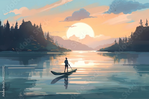  a man riding a boat on top of a lake under a cloudy sky with a sun in the distance and trees in the foreground. generative ai